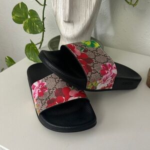 Black Slide Sandals with Multicolor Floral Monogram Strap